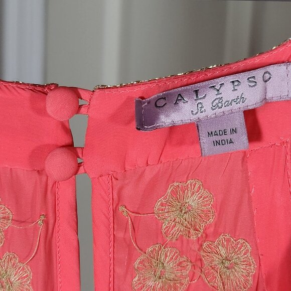 CALYPSO St. Barth Coral & Gold Maxi Dress Embroidered Sequin Sz XS DAMAGED - Picture 9 of 16